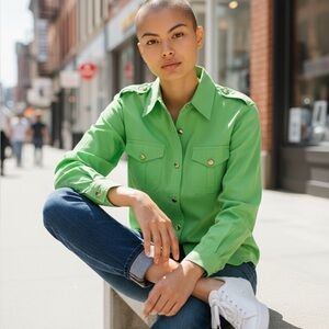 Tory Burch Green Cotton Button-Down Blouse Gold Logo Buttons Designer Shirt Sz 4